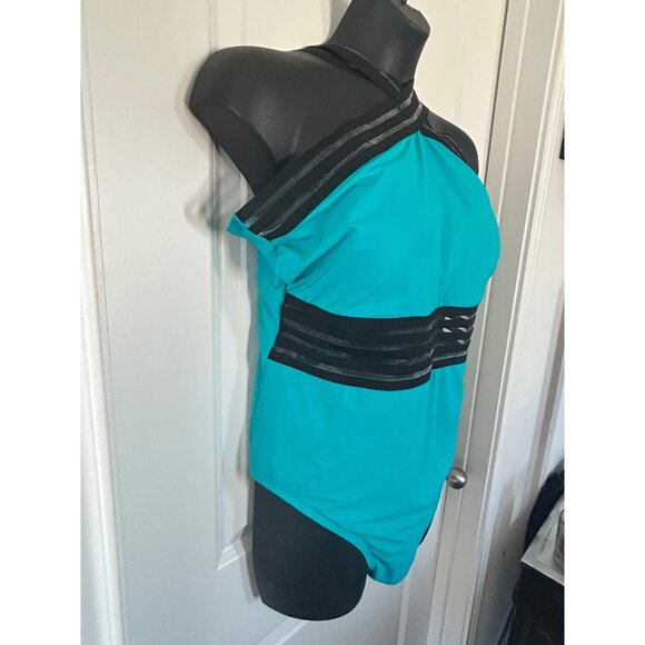 Crisscross Halter Teal One-Piece Swimsuit With Black Stripes & Back Clasp Closur - Picture 5 of 12